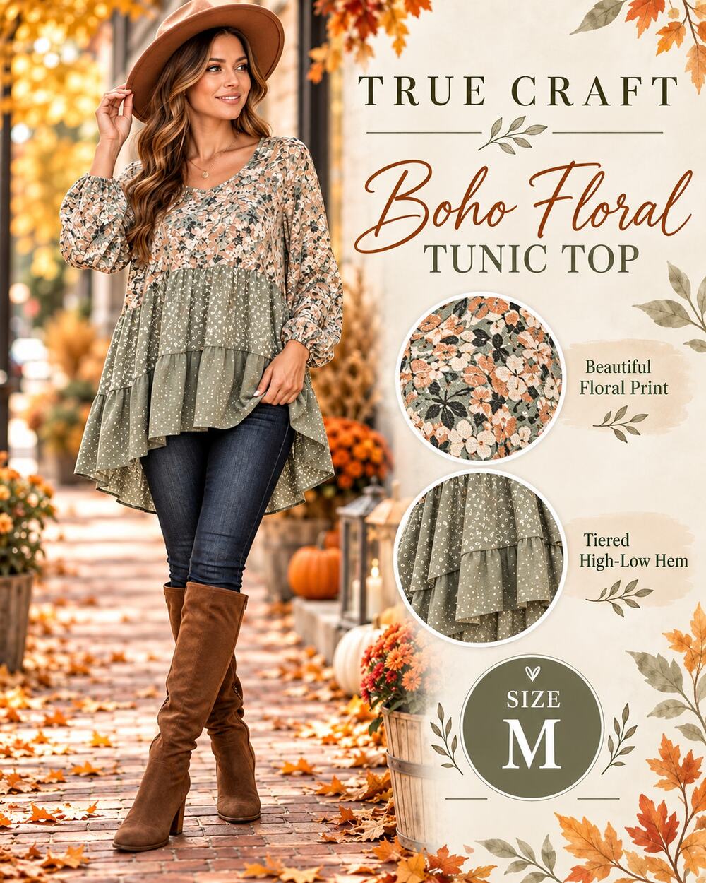 Boho Floral Tunic Top Womens M Sage Green Tiered High Low Peasant True Craft